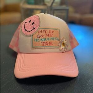 "Put it on My Husbands Tab" Trucker Hat with Embroidered Patches